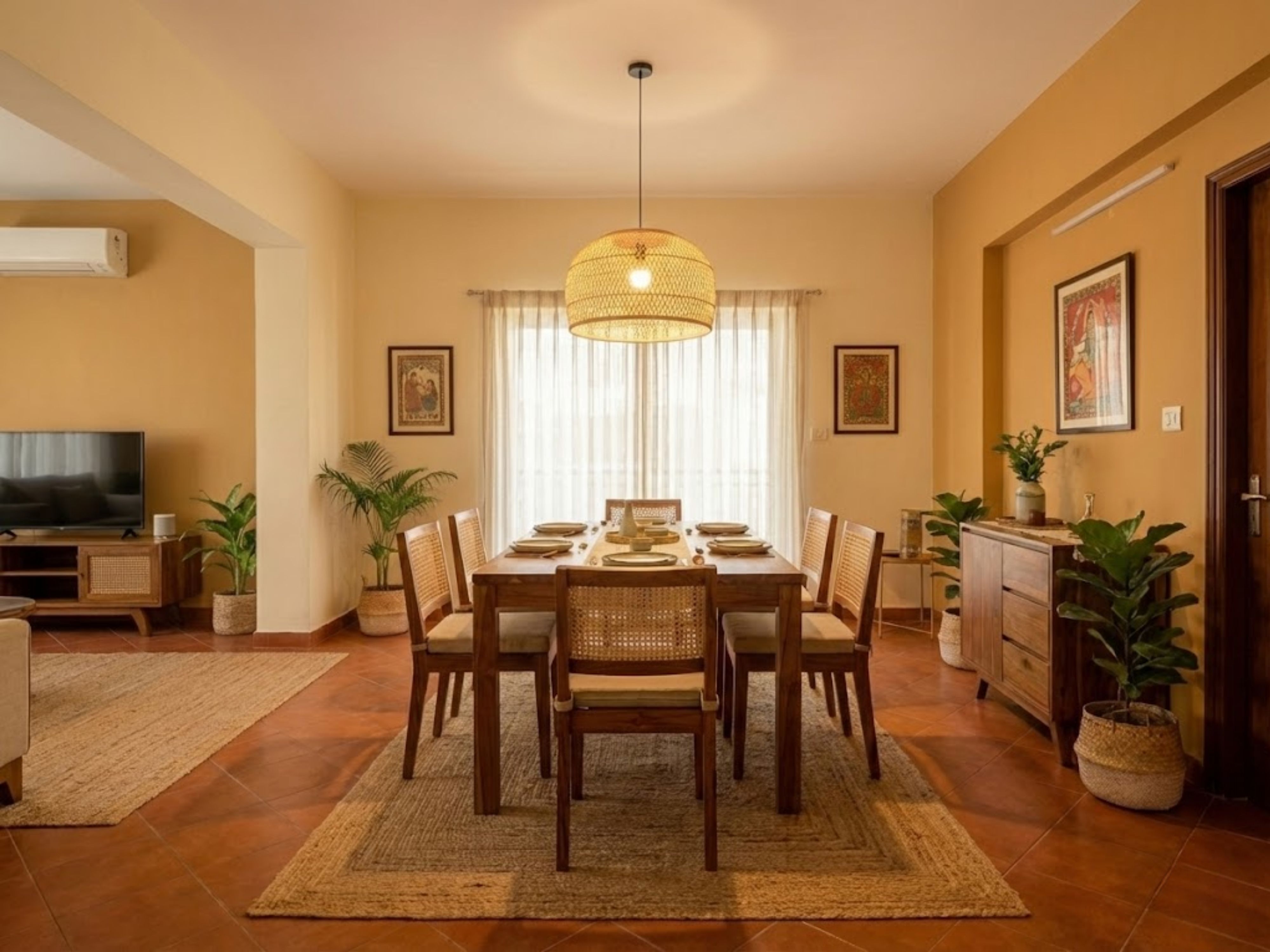 Dining room with wooden table and natural décor - Beautiful Homes