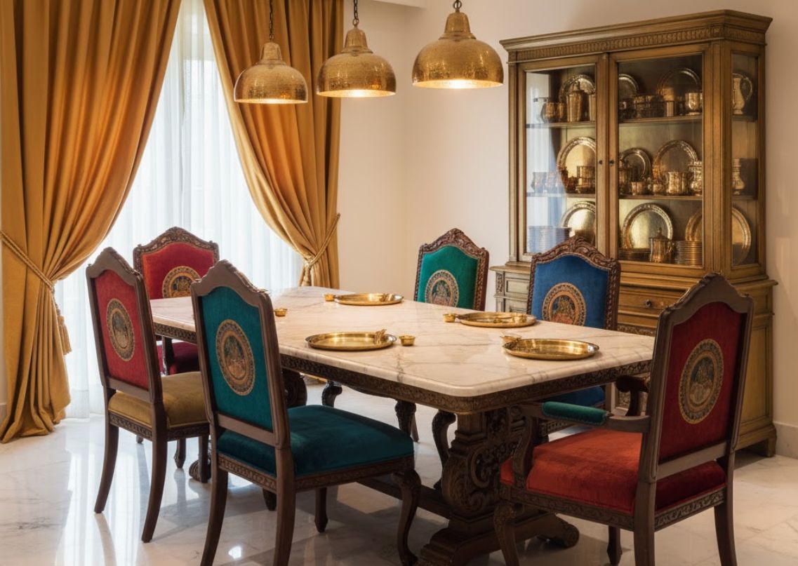 Traditional dining room with marble table and gold décor - Beautiful Homes