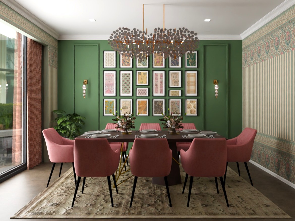Vibrant dining room with pink chairs and wall art - Beautiful Homes