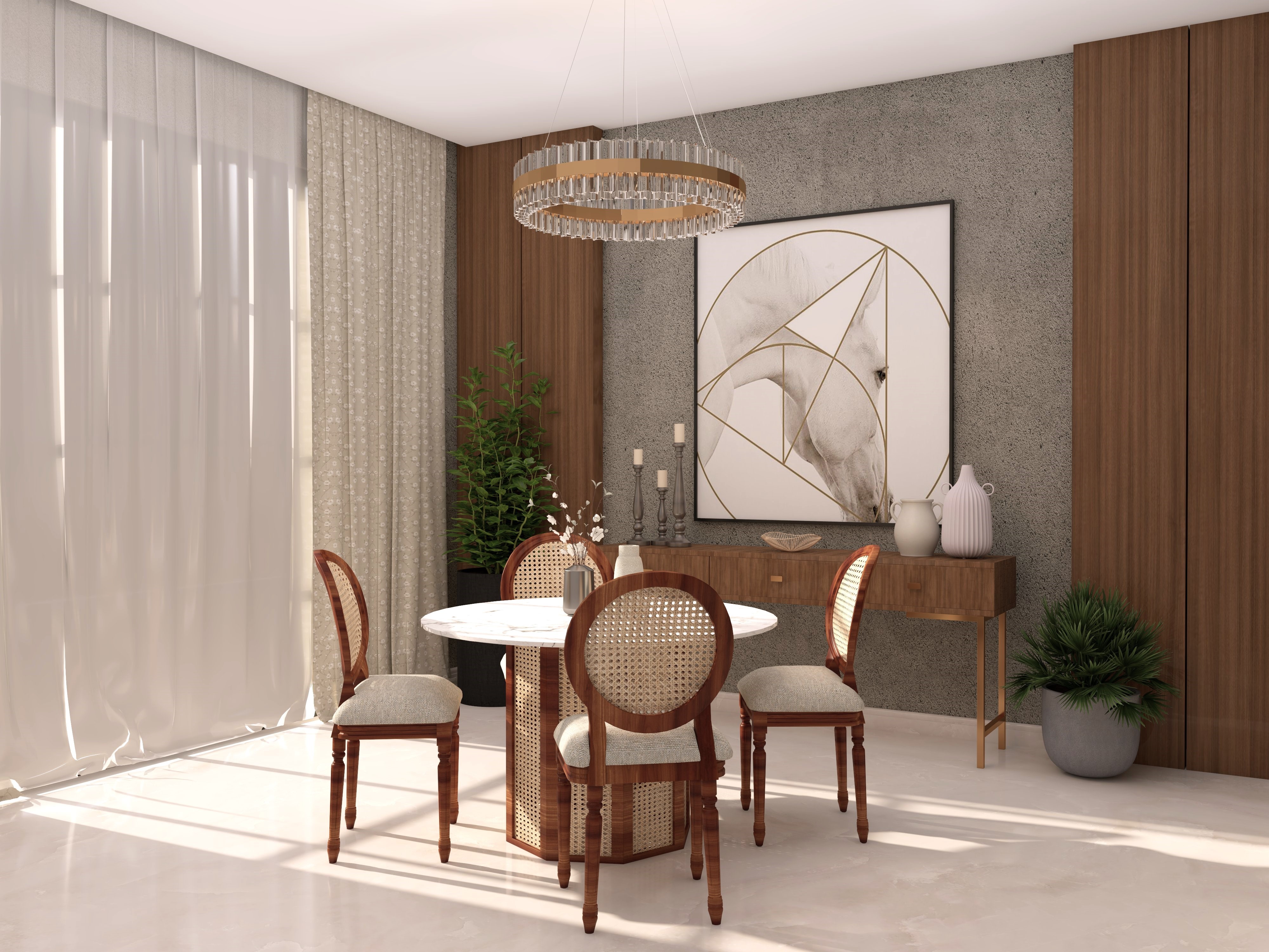 Dining area with marble table and wooden chairs - Beautiful Homes