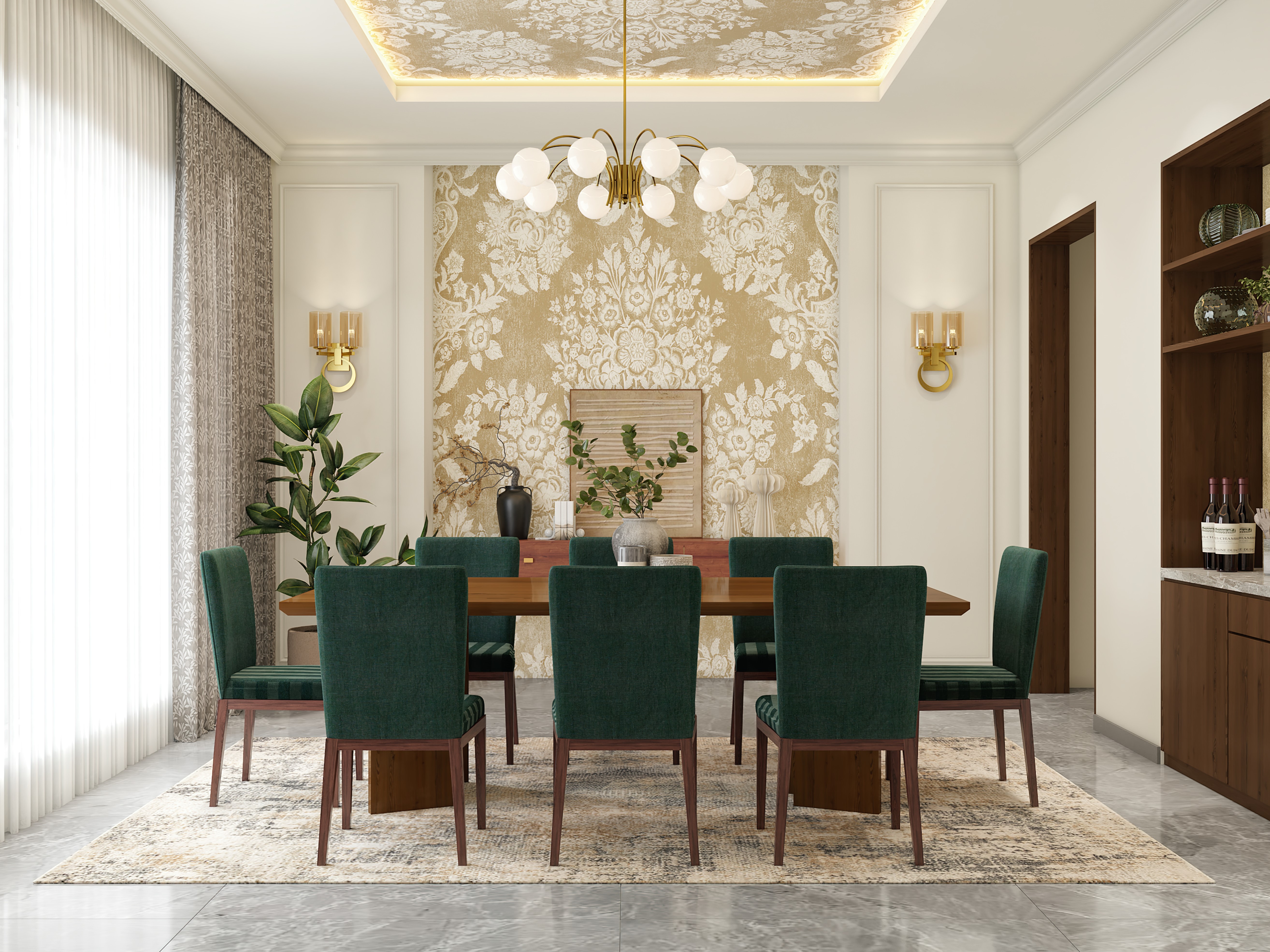Dining room with green chairs and intricate wallpaper - Beautiful Homes
