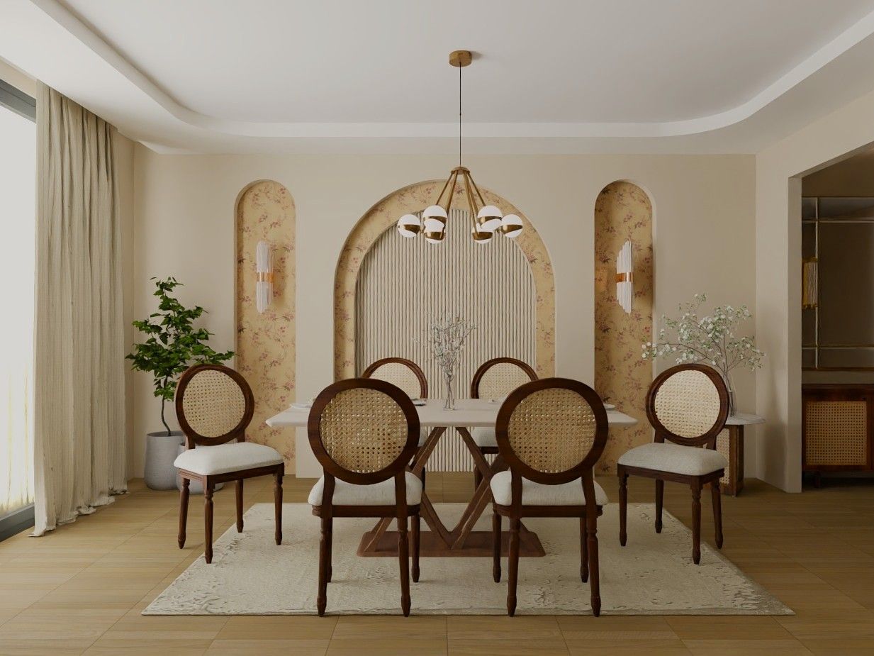 Modern dining room featuring cane-back chairs, floral wallpaper, and a modern chandelier - Beautiful Homes