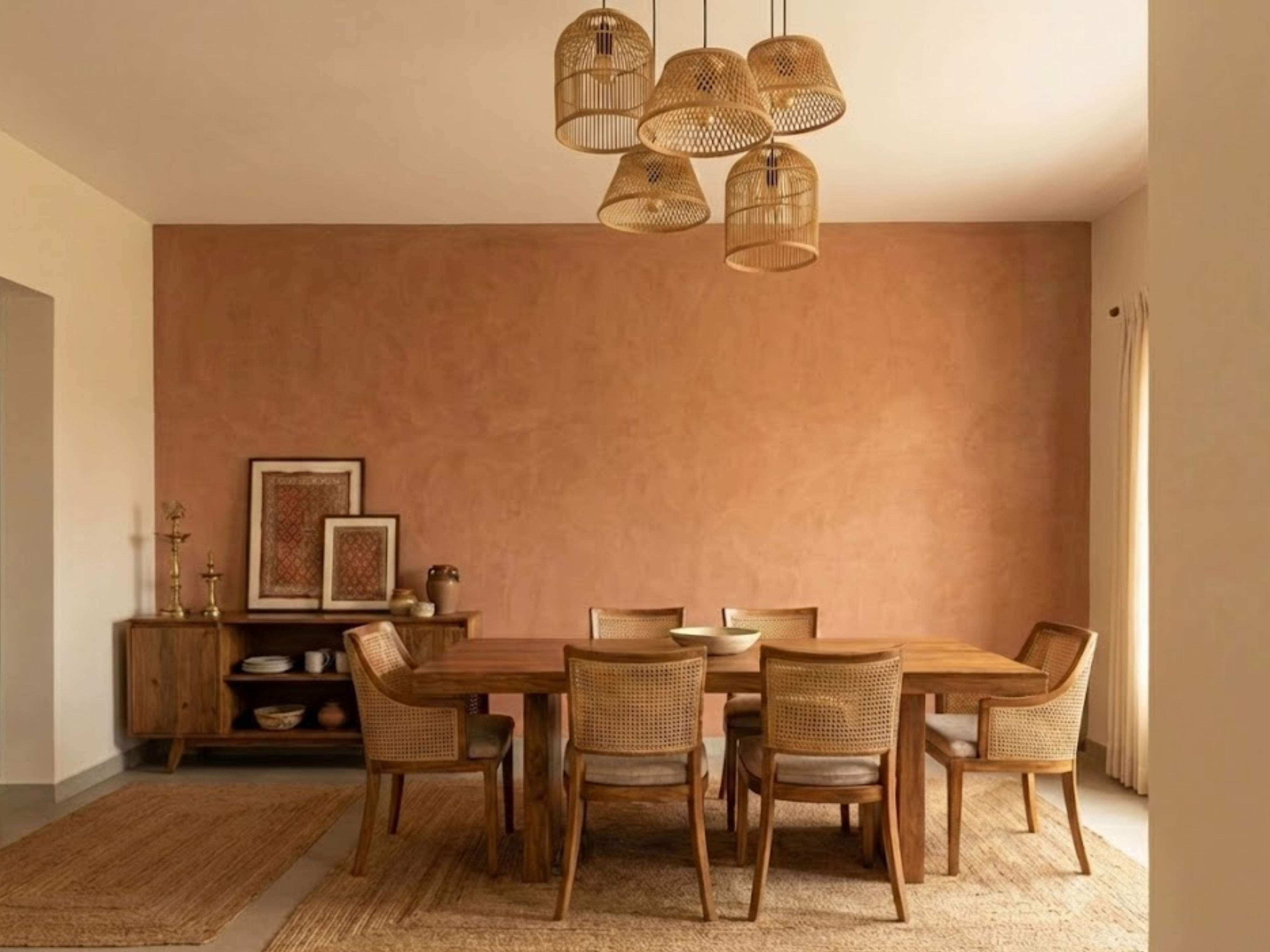 Dining room with wooden table and cane chairs - Beautiful Homes