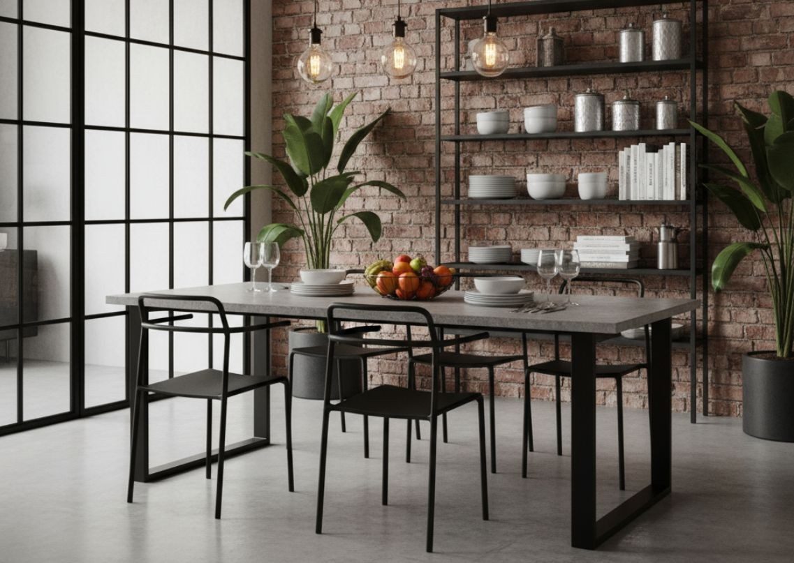 Dining room with black chairs and concrete table - Beautiful Homes