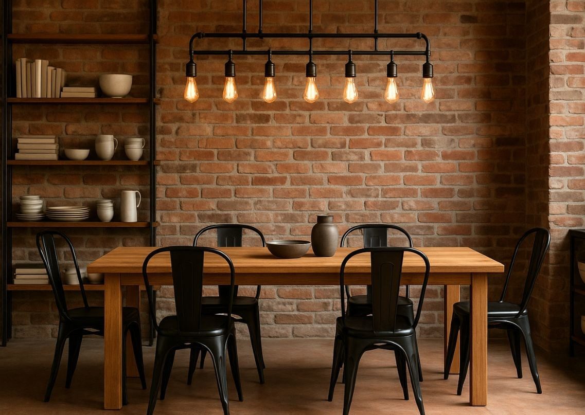 Dining room with brick walls and wooden table - Beautiful Homes