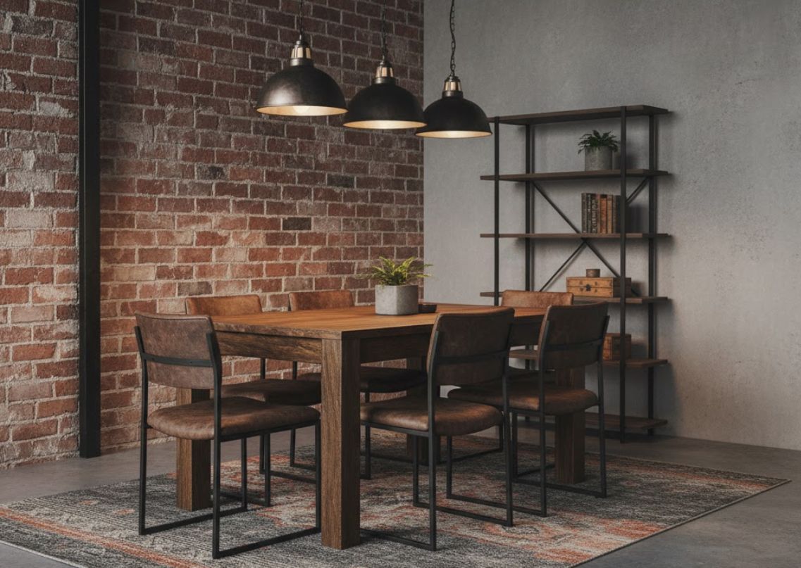 Rustic dining room with wooden table and pendant lights - Beautiful Homes