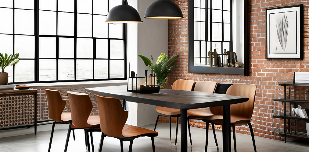 Industrial style dining room with brick wall and brown chairs-Beautiful Homes