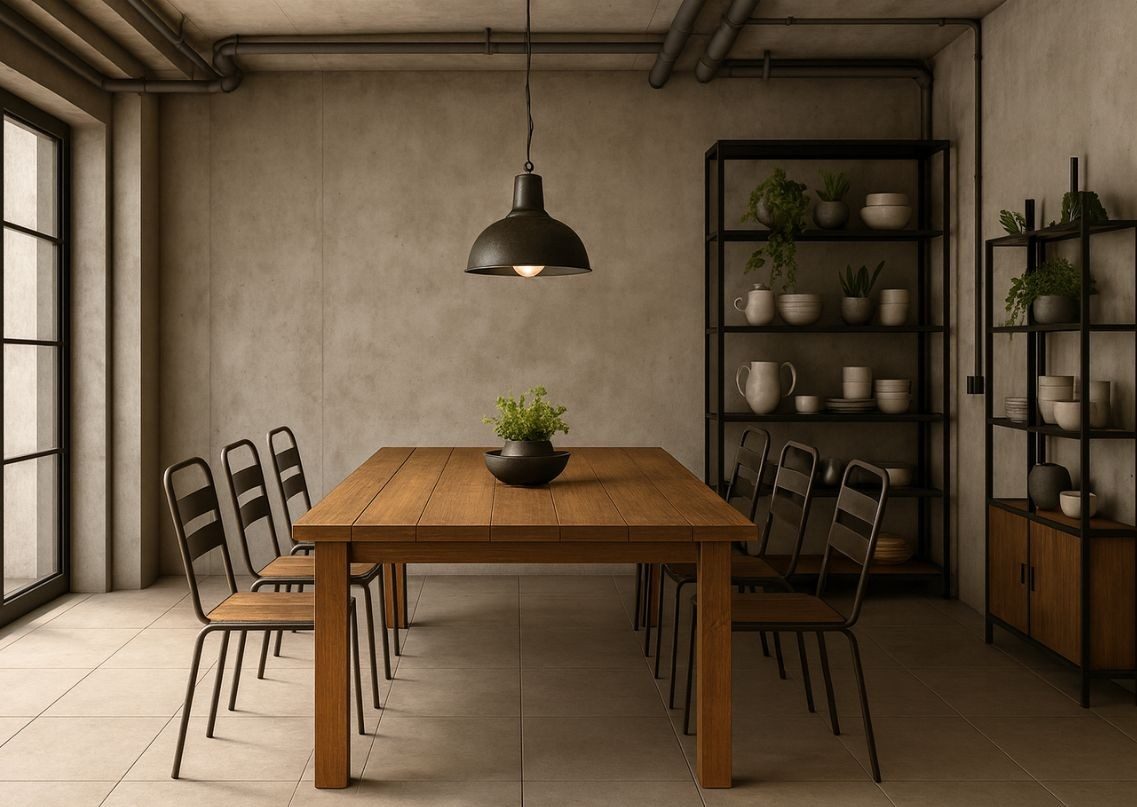 Dining area with wooden table and metal chairs - Beautiful Homes