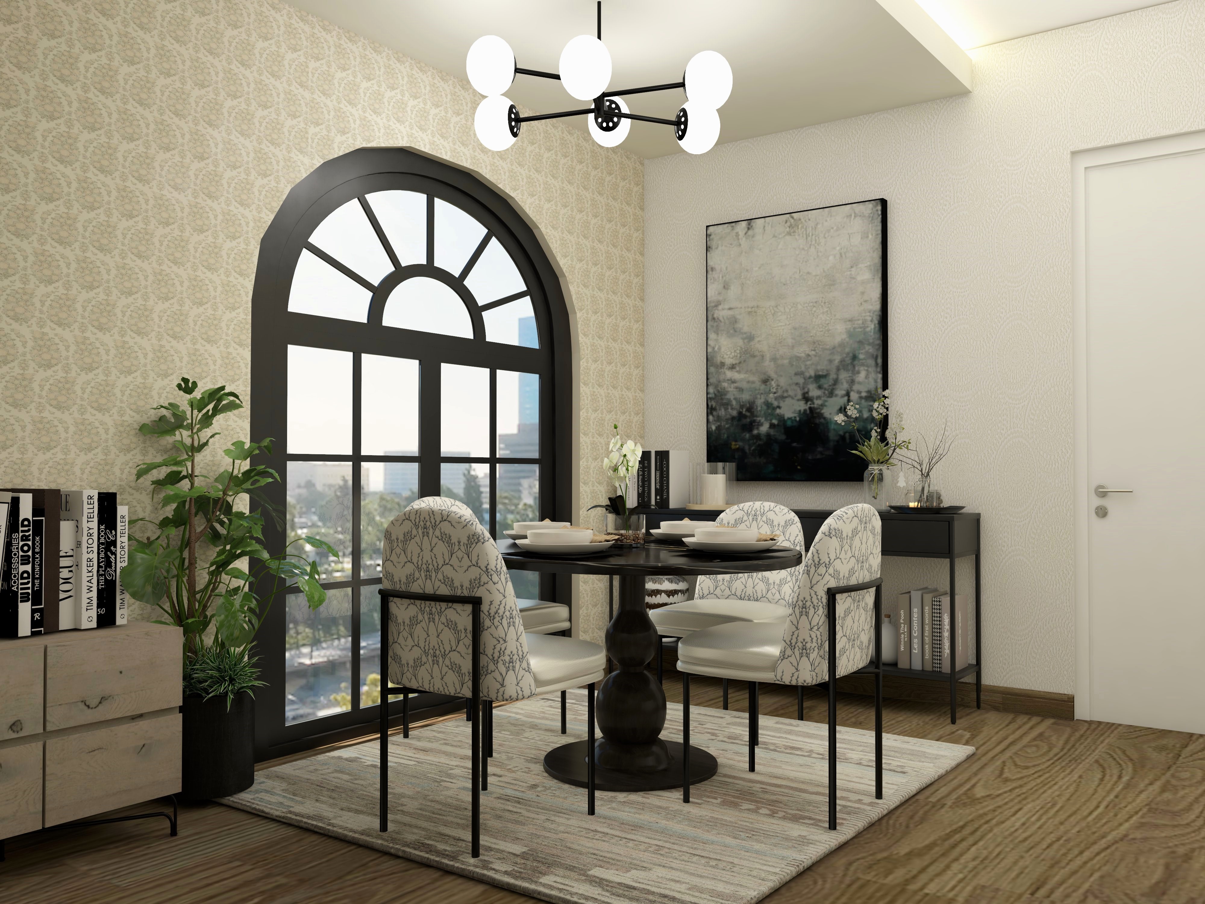 Luxury 4 seater dining table with white printed upholstered chairs - Beautiful Homes