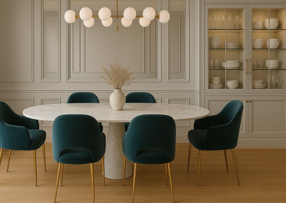 Elegant dining room with teal chairs and marble table - Beautiful Homes