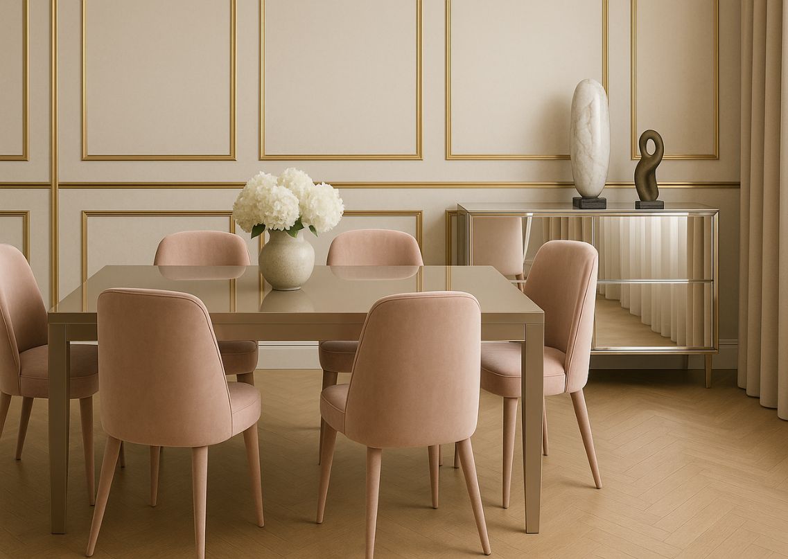 Dining room with pink chairs and beige table - Beautiful Homes