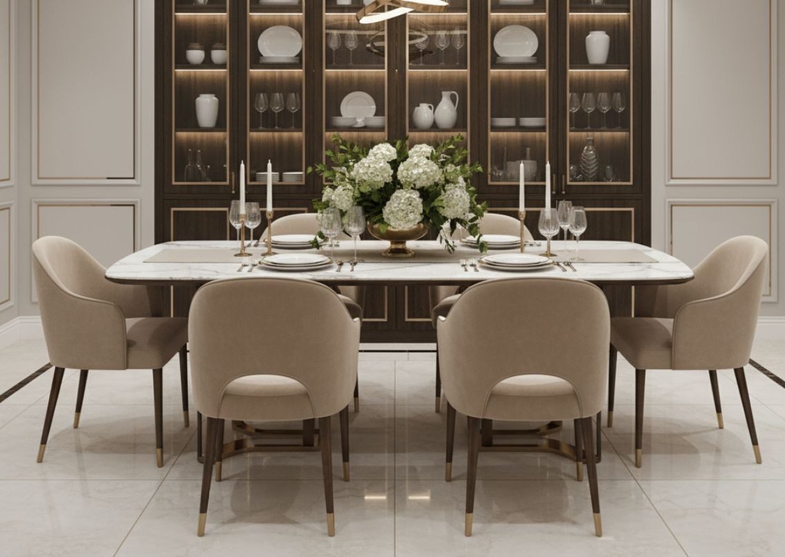 Dining room with marble table and chandelier - Beautiful Homes