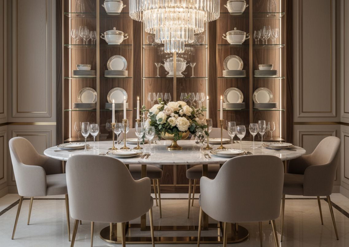 Round dining table with pink chairs and décor - Beautiful Homes