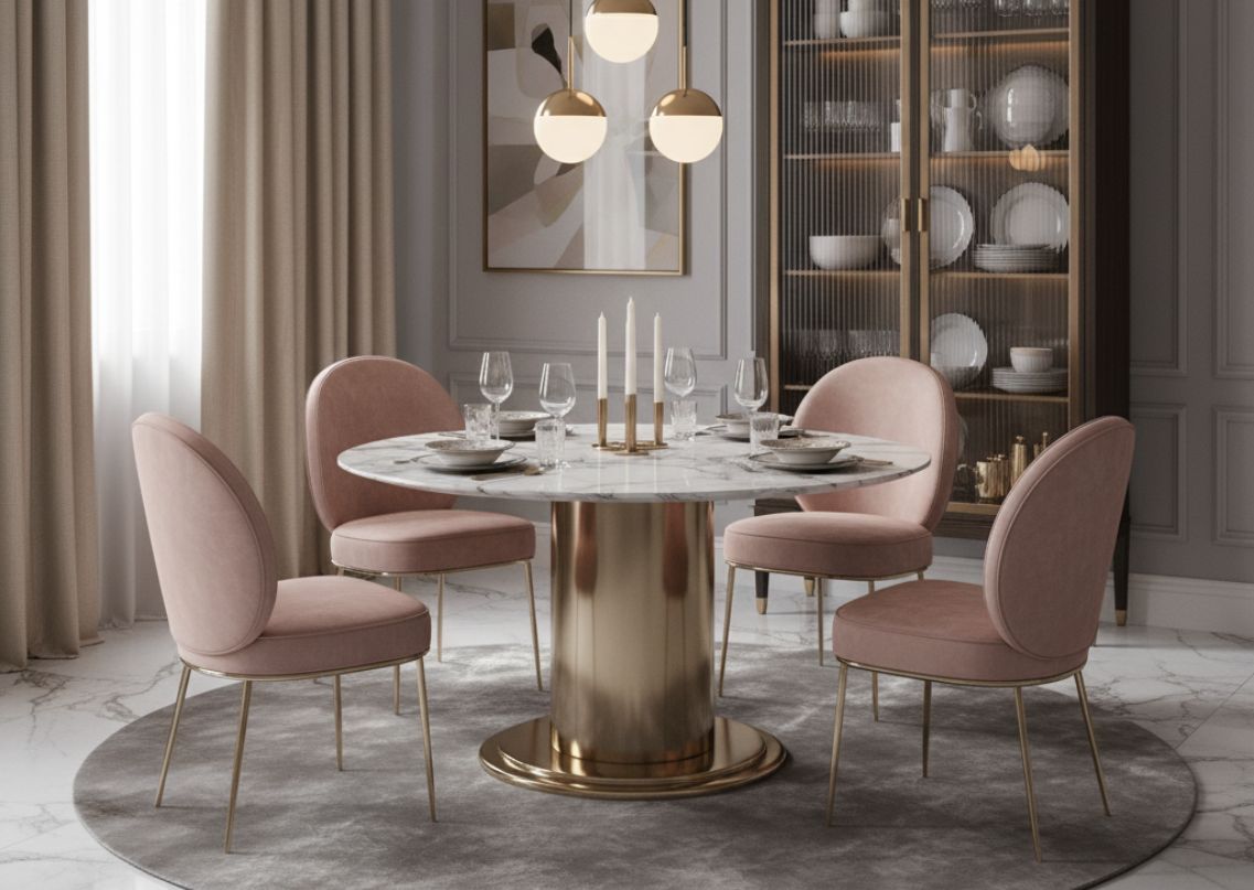 Dining room with marble table and pink chairs. - Beautiful Homes
