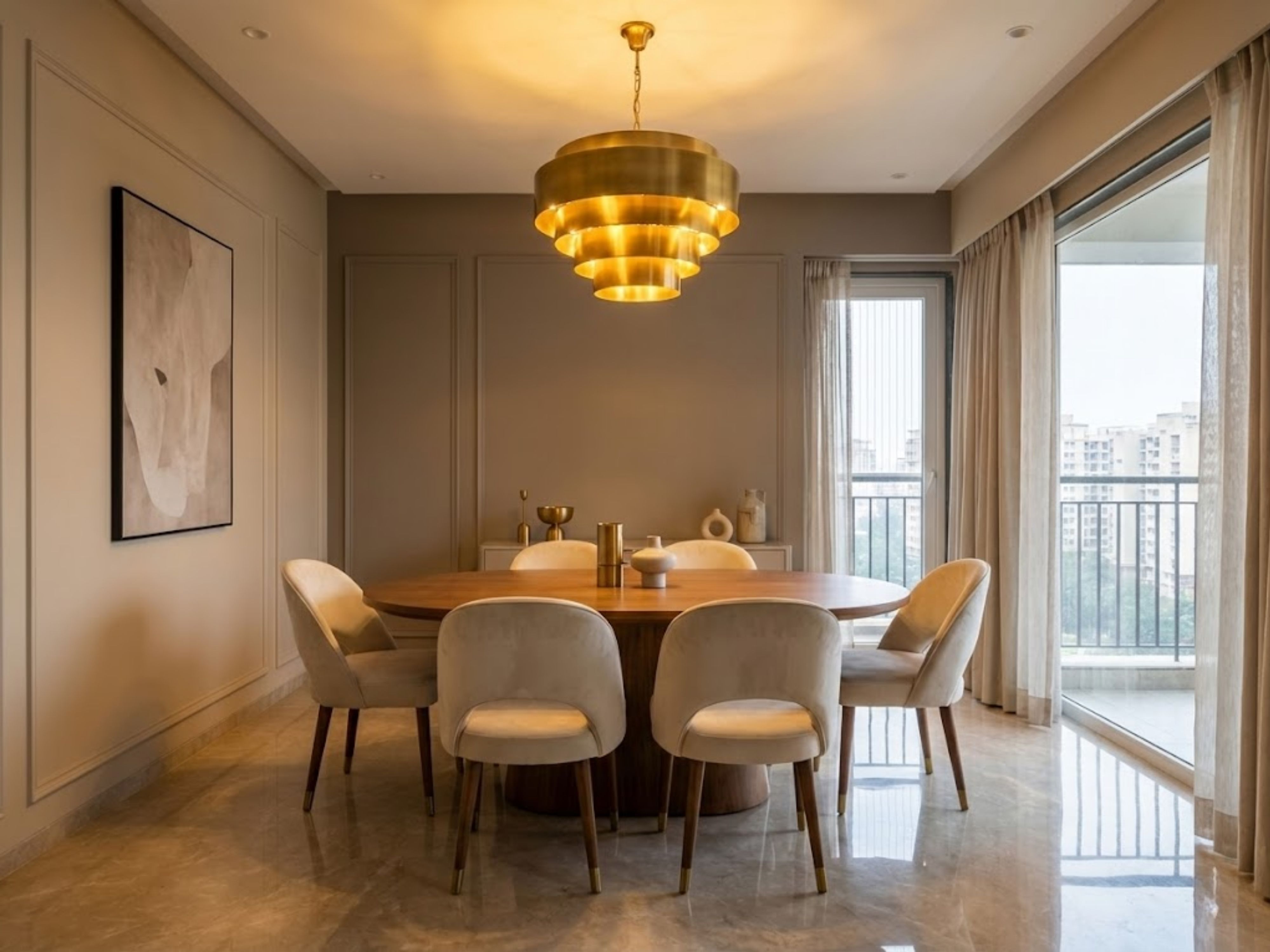 Modern dining room with round table and hanging light - Beautiful Homes