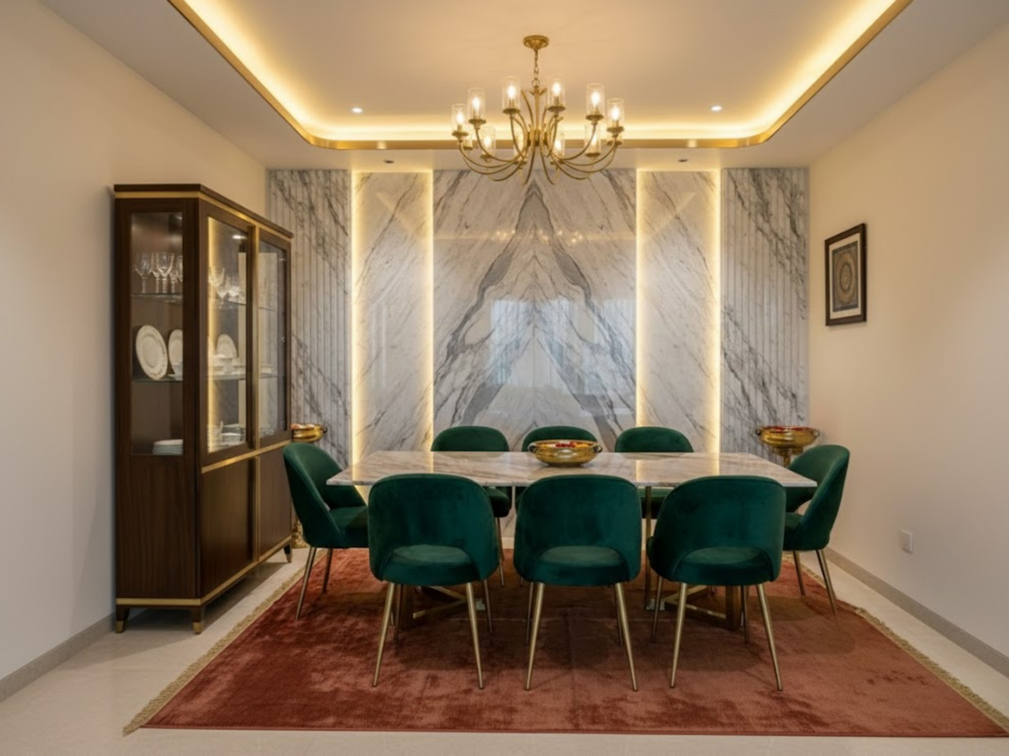 Dining room with marble table and green chairs - Beautiful Homes