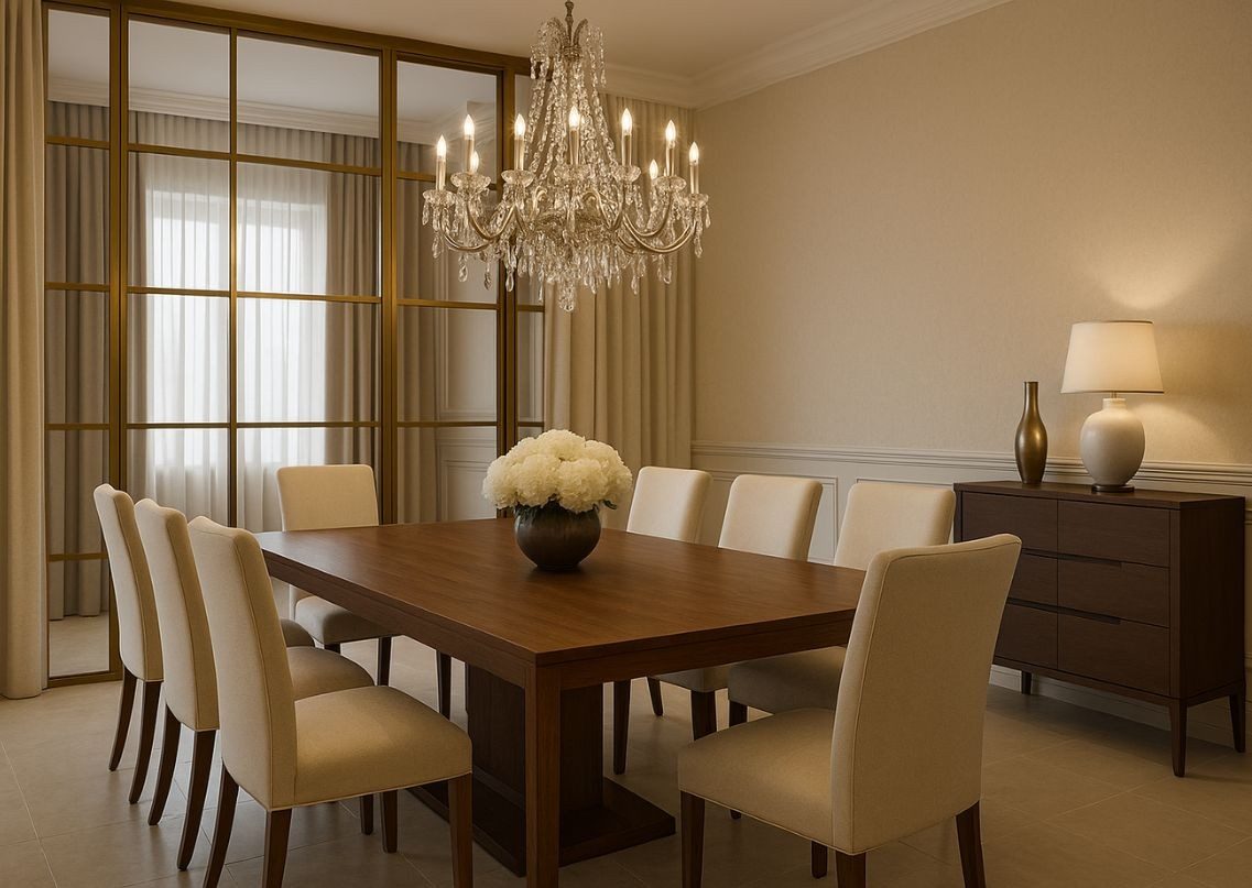Luxury dining room featuring wooden table and chandelier - Beautiful Homes