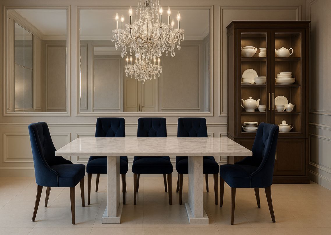 Dining room with marble table and navy chairs - Beautiful Homes