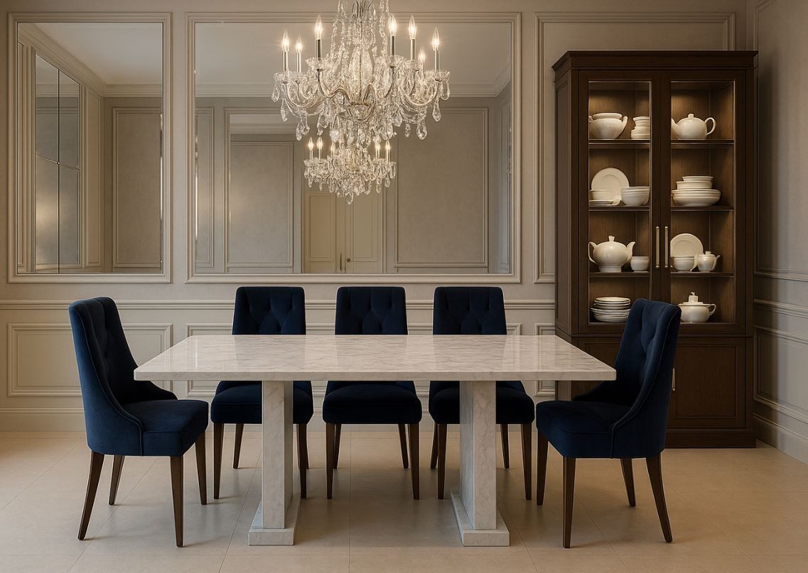 Dining room with marble table and navy chairs - Beautiful Homes