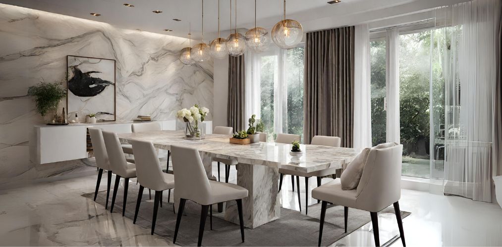 Luxury dining room with marble dining table and beige chairs-Beautiful Homes