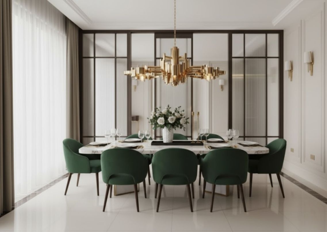 Luxurious dining room with marble table and chandelier - Beautiful Homes