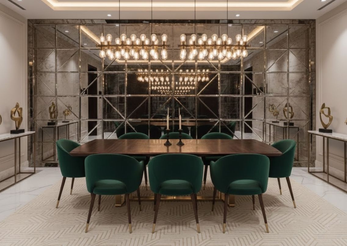 Elegant dining room with green chairs and chandelier - Beautiful Homes