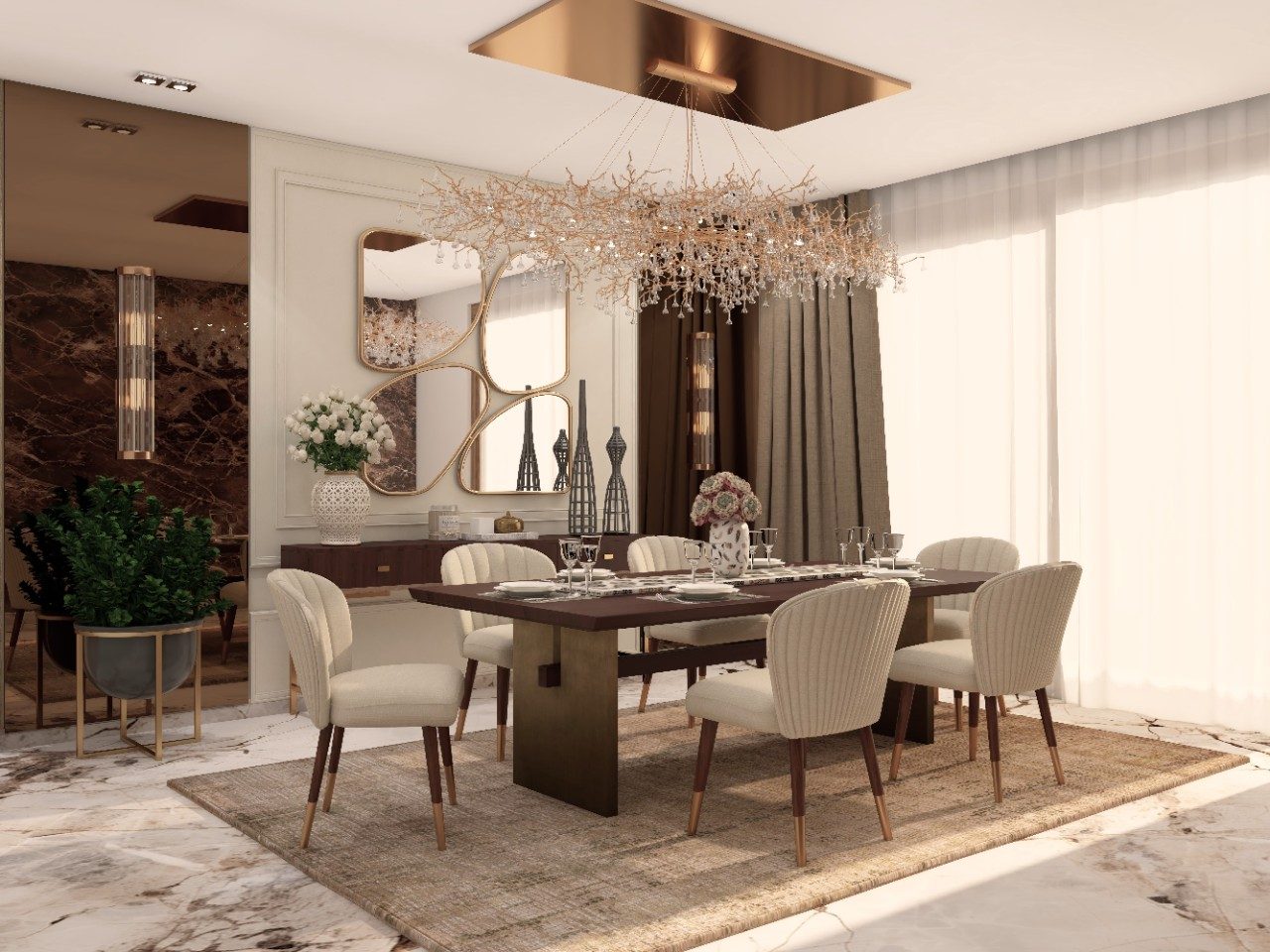 Luxury dining room with Nilaya Luxe furniture and abstract wall mirrors - Beautiful Homes