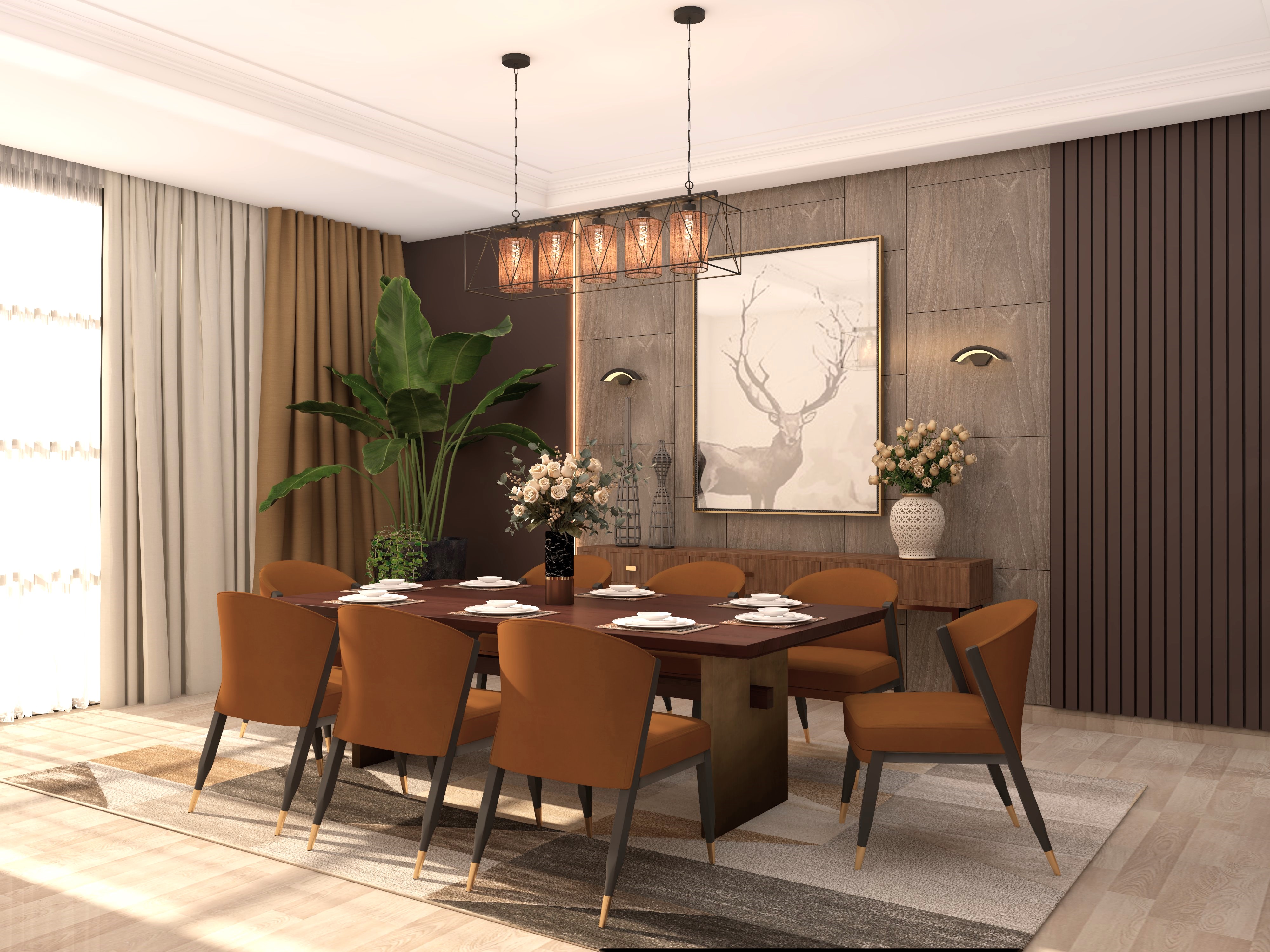 Luxury dining room with wooden dining table and rust dining chairs - Beautiful Homes