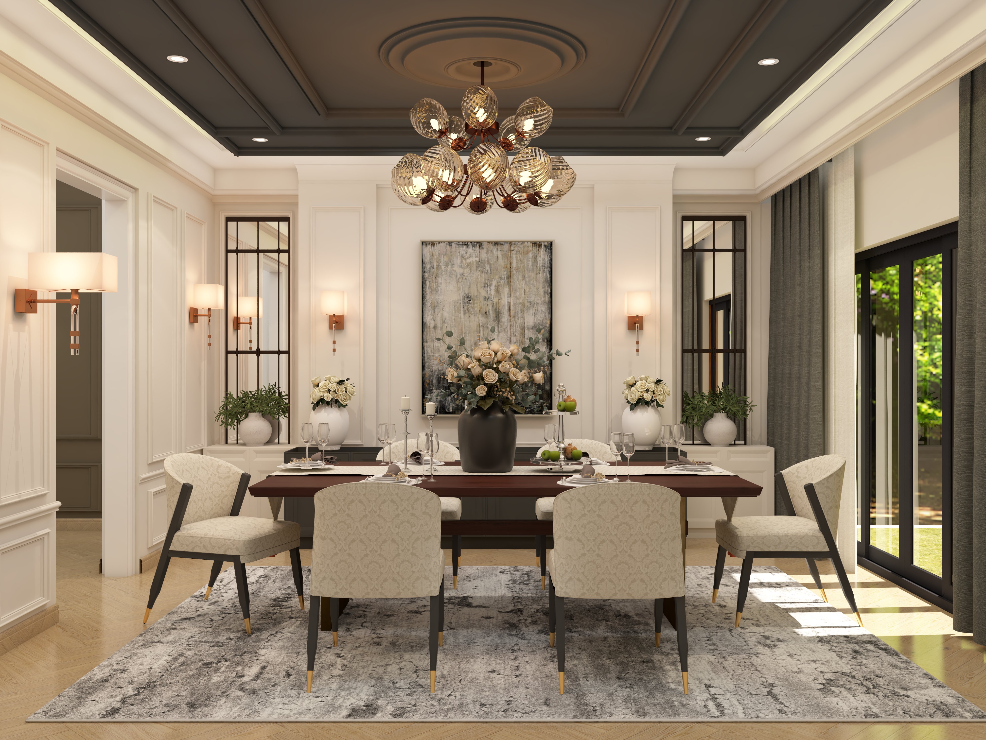 Luxury dining room with wooden dining table and white printed upholstered chairs - Beautiful Homes