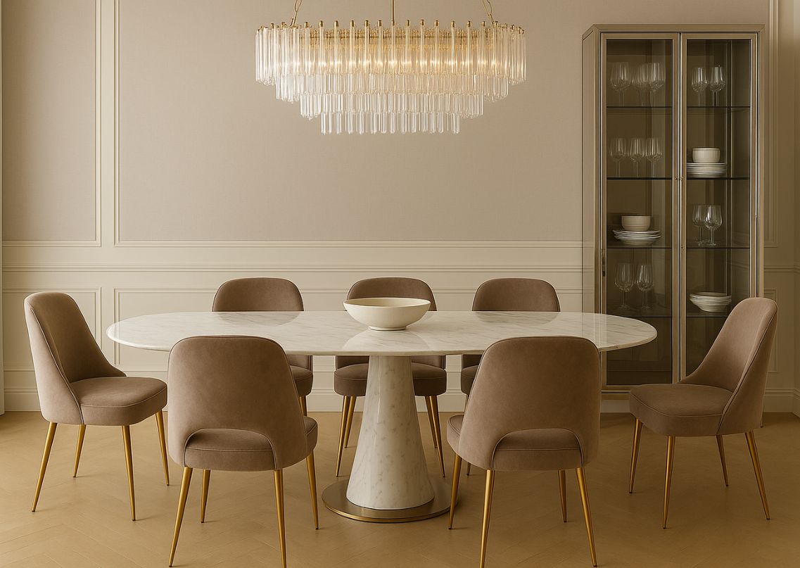 Beige dining room with marble table and chandelier - Beautiful Homes