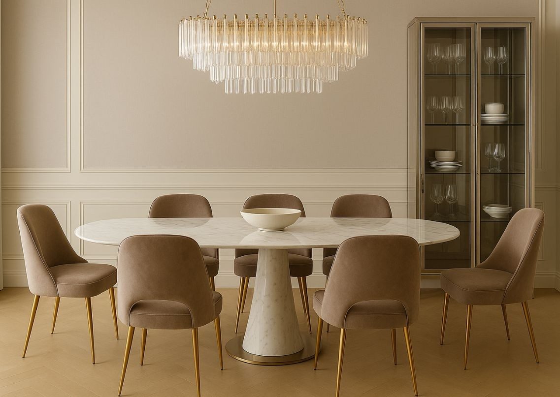 Beige dining room with marble table and chandelier - Beautiful Homes