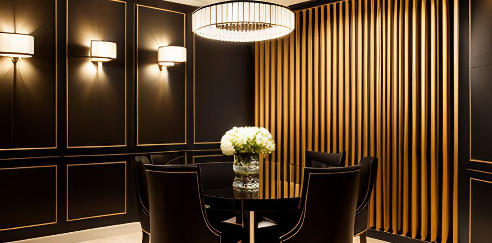 Black dining room with hanging lights-Beautiful Homes