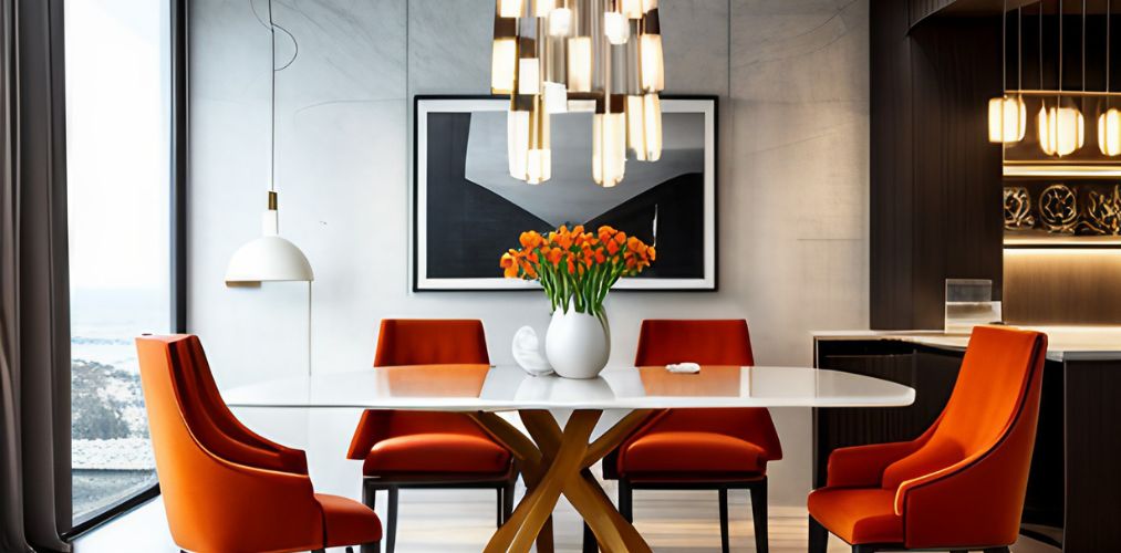 Marble dining table with orange chairs-Beautiful Homes