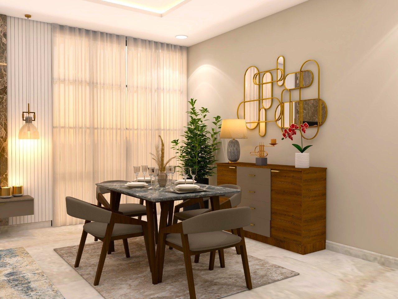 Marble dining table with beige upholstered wooden chairs-Beautiful Homes