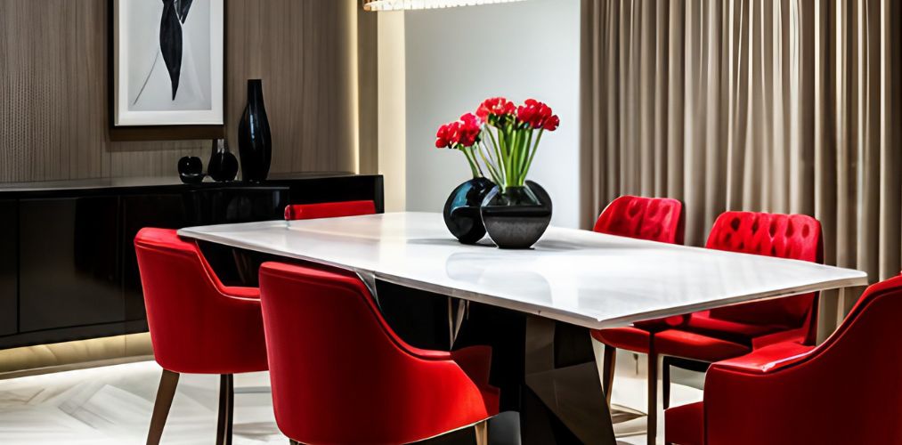 Marble dining table with red leather chairs-Beautiful Homes