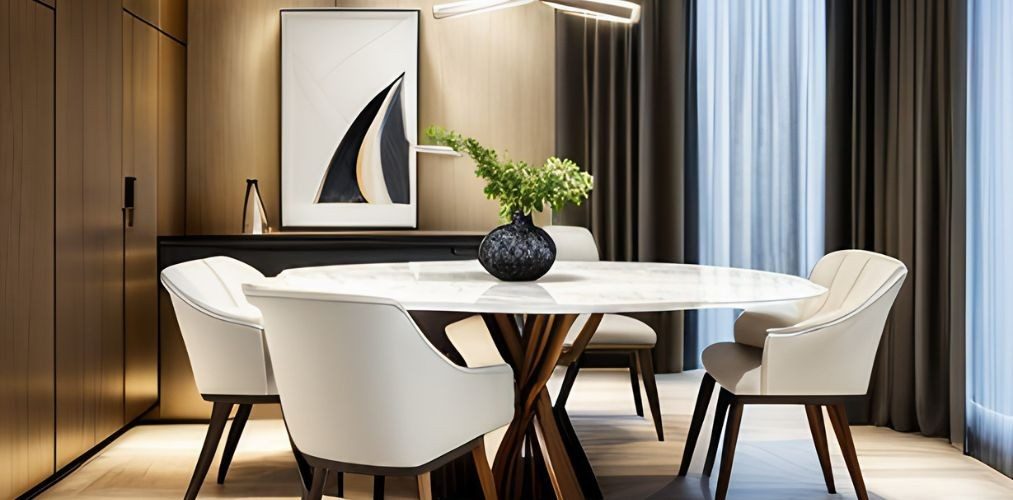 White dining room with marble dining table-Beautiful Homes