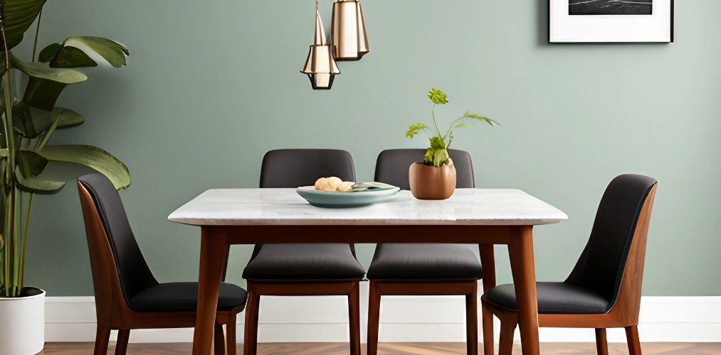 Dining room with marble dining table and black chairs-Beautiful Homes