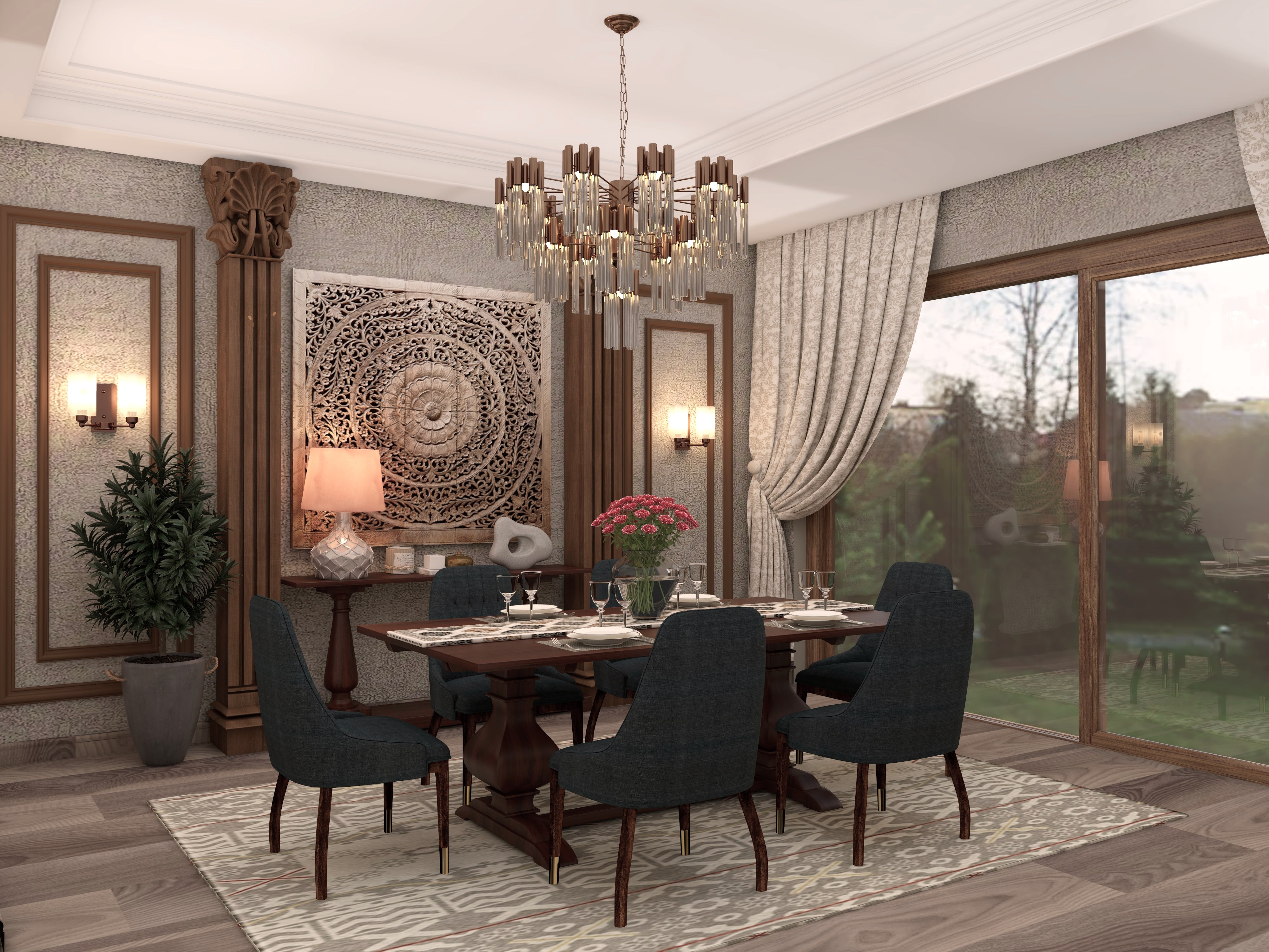 Modern dining room with wooden table and chandelier - Beautiful Homes