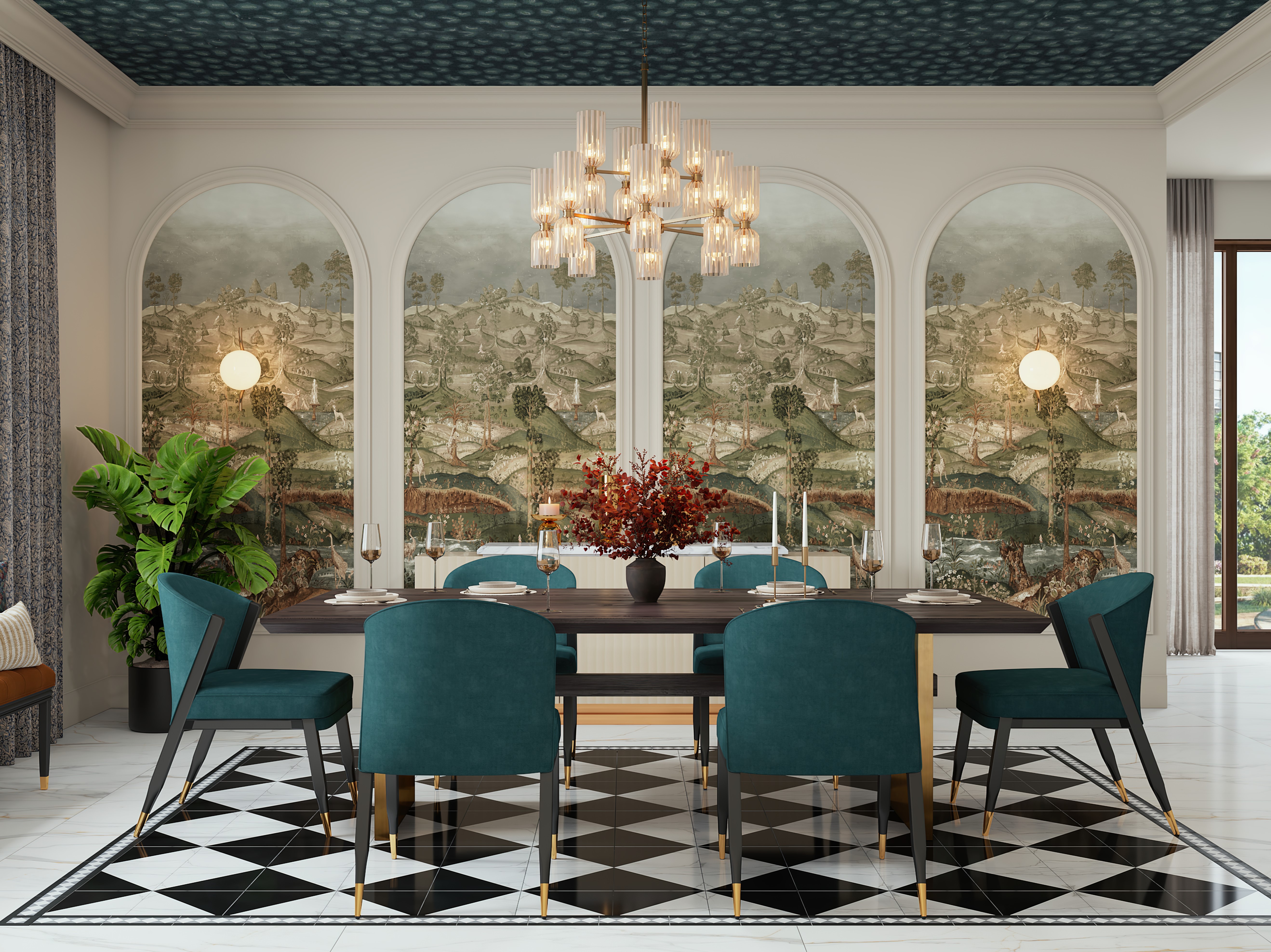 Modern dining room with teal chairs and chandelier - Beautiful Homes