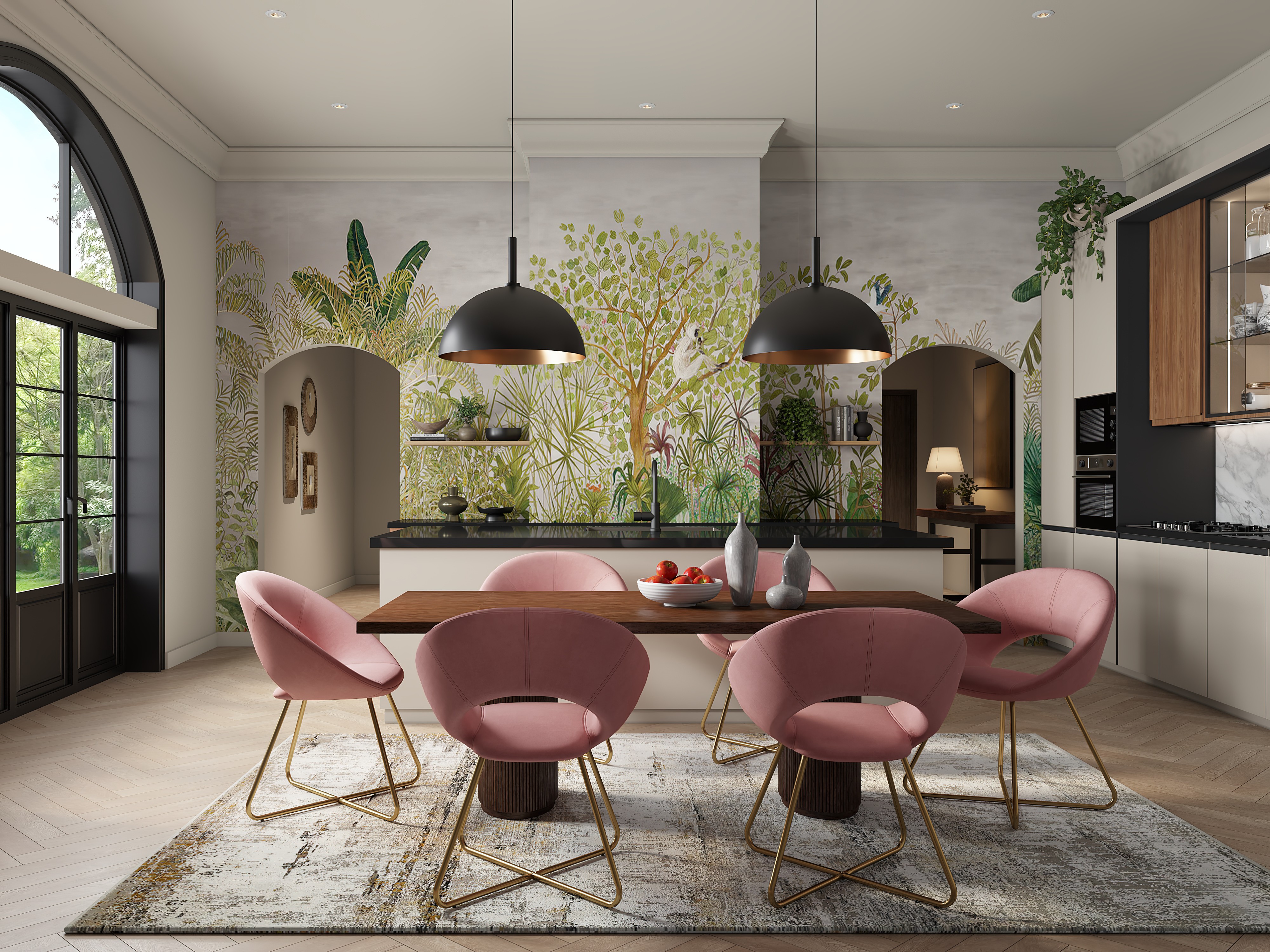 Dining area with pink chairs and botanical wall art - Beautiful Homes