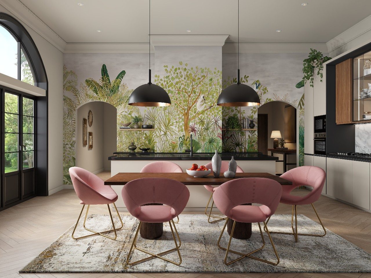 Dining area with pink chairs and botanical wall art - Beautiful Homes