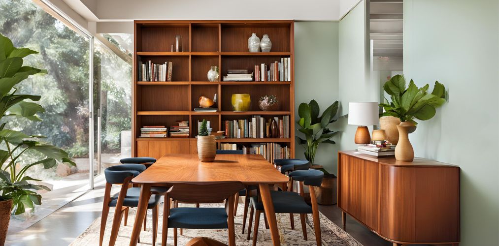 Mid-century dining room with wooden bookshelf - Beautiful Homes