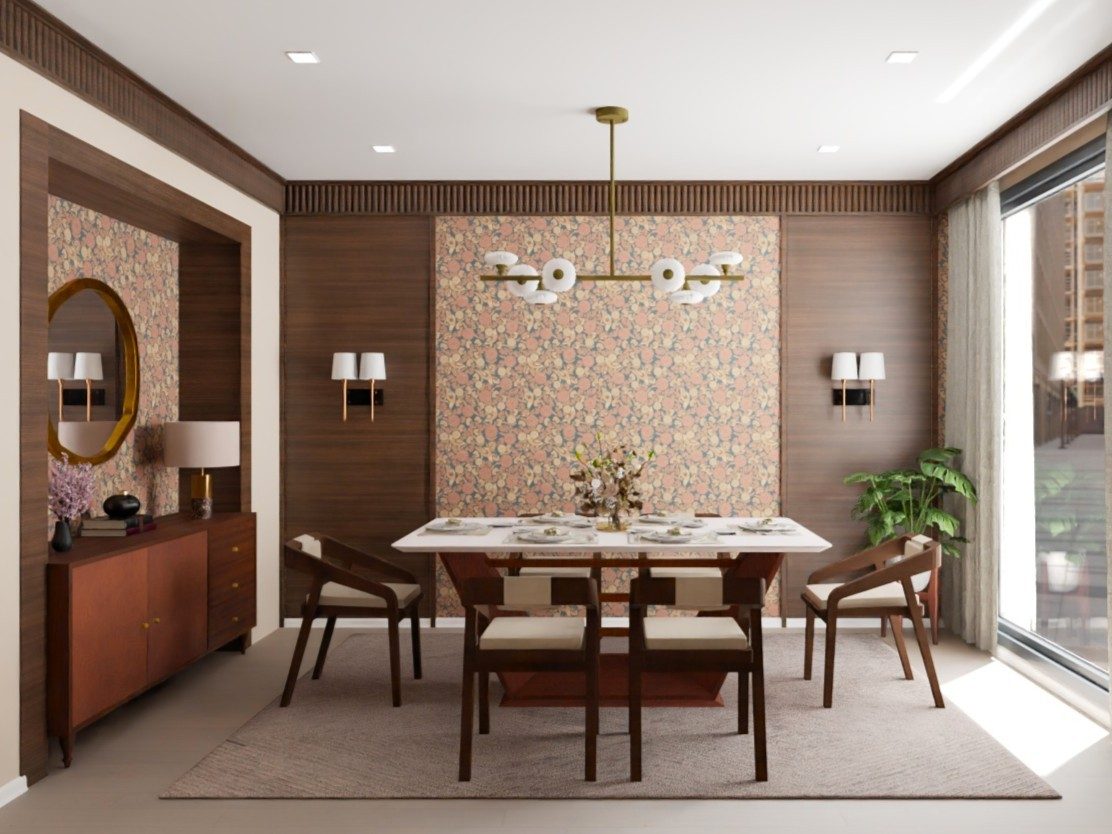 Dining room with wooden table and floral wallpaper - Beautiful Homes