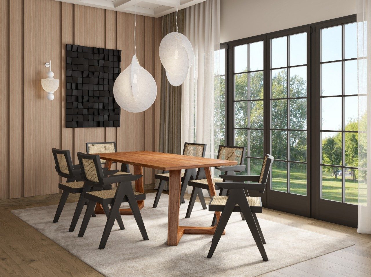 Wooden dining table with chairs and glass windows - Beautiful Homes