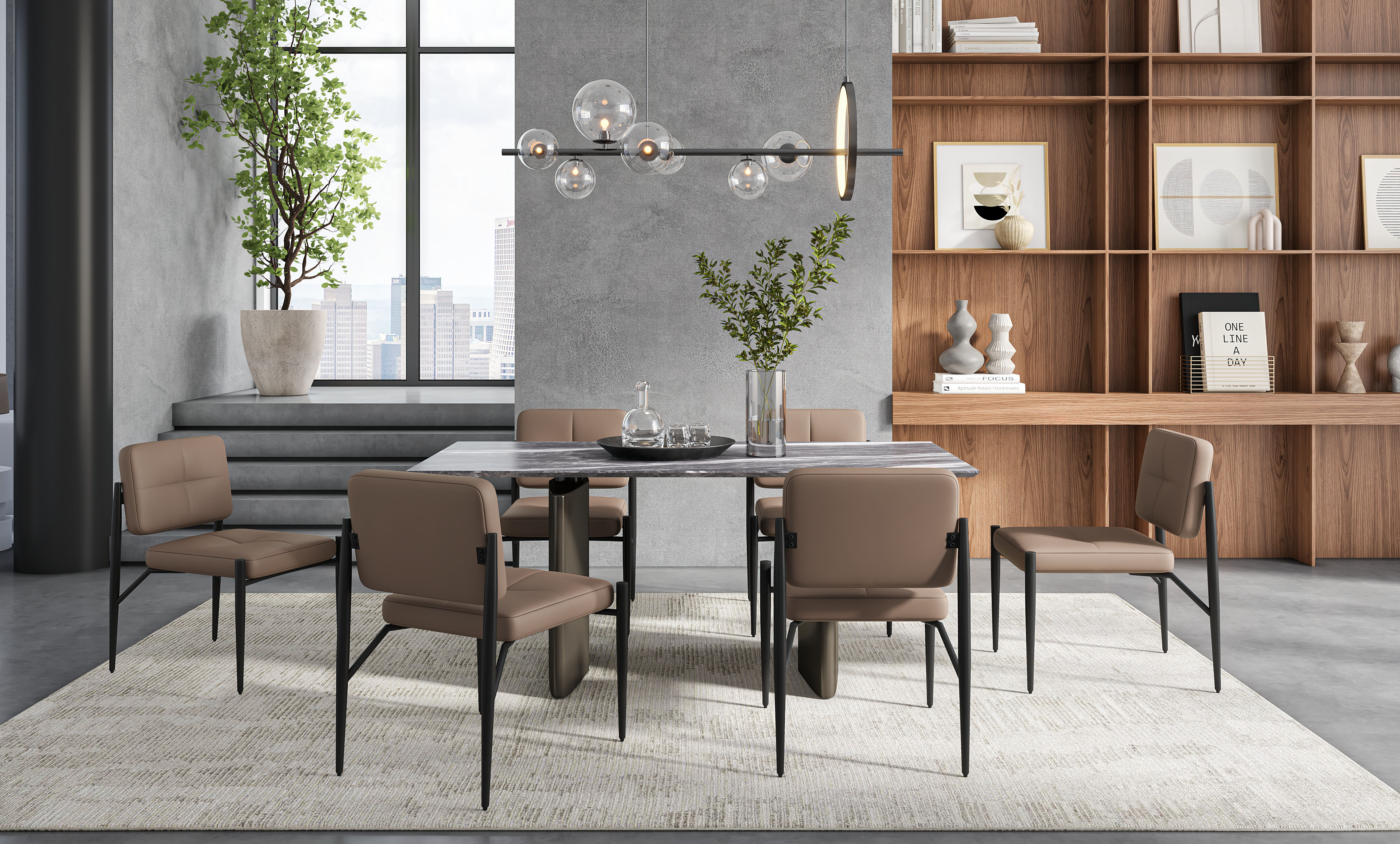 Modern dining room featuring a marble table and muted beige chairs - Beautiful Homes