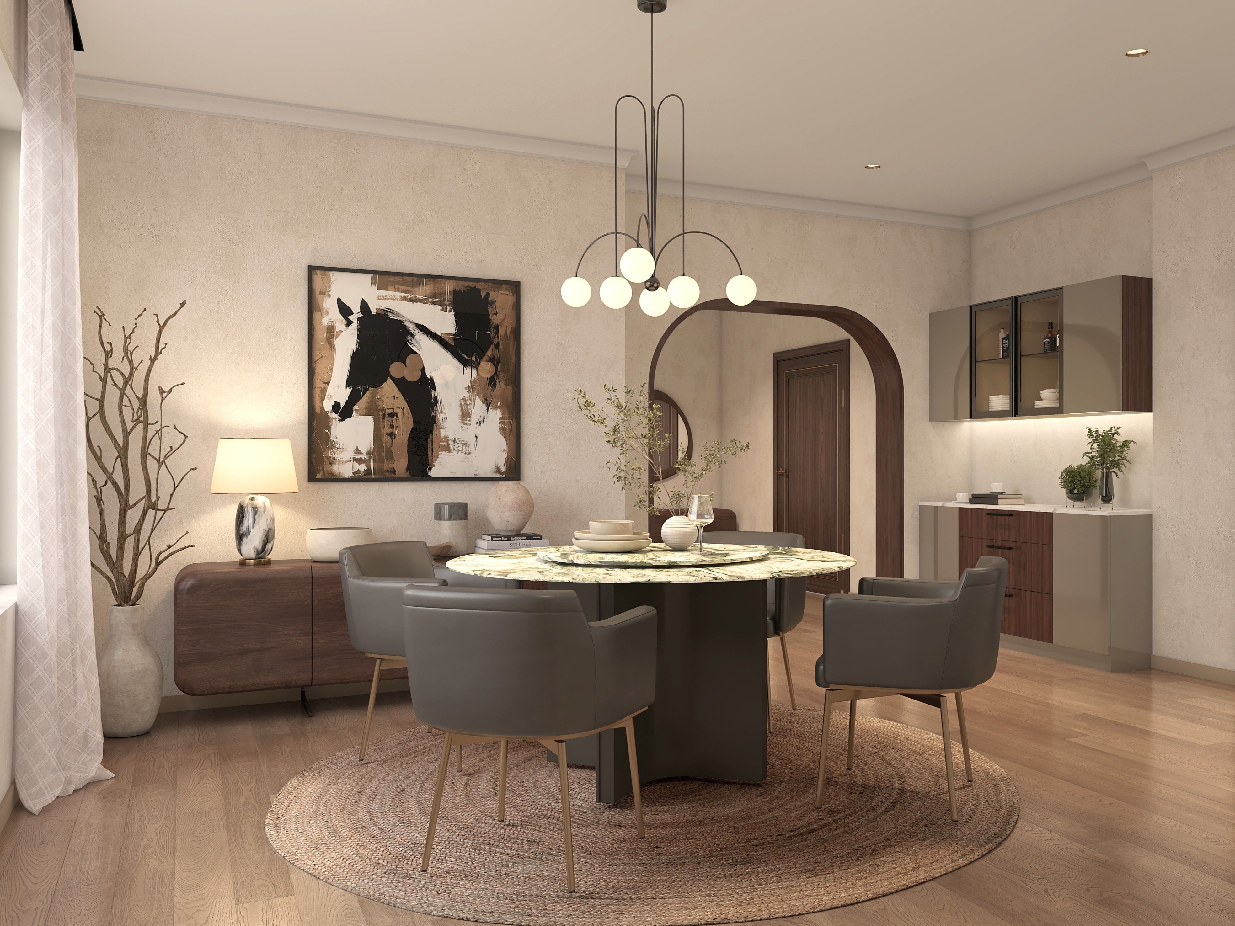 Modern dining area featuring a round table, upholstered chairs, and artistic accents - Beautiful Homes