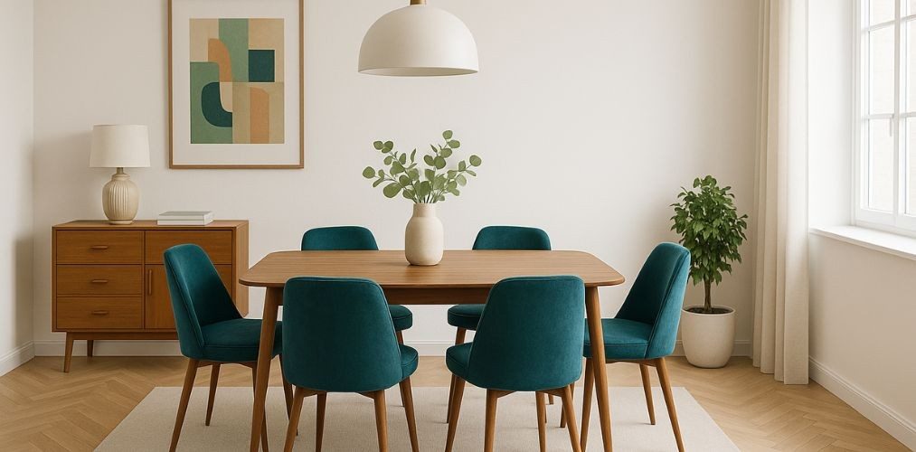 Dining room with teal chairs and wooden table - Beautiful Homes