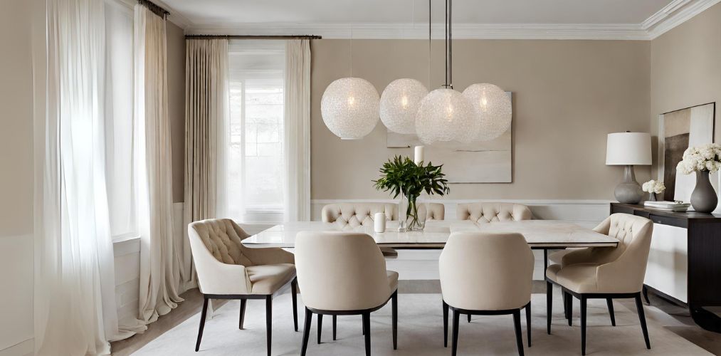 Minimal beige dining room with tufted chairs - Beautiful Homes