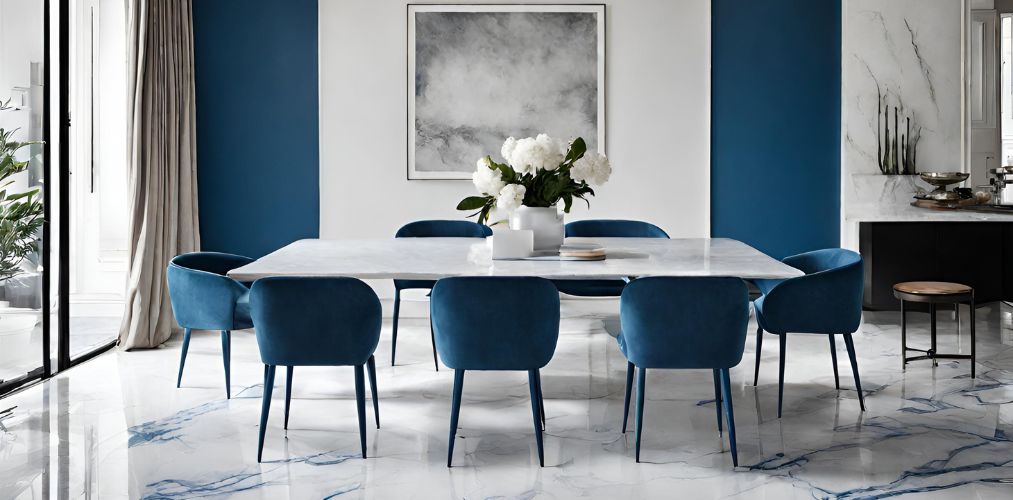Minimal white and blue dining room with marble flooring-Beautiful Homes