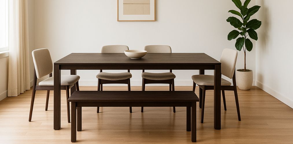 Wooden dining table with chairs and bench - Beautiful Homes